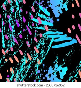 Distressed Seamless Pattern. Fashion Concept. Distress Print. Blue, Teal Illustration. Modern Surface Textile. Ink Stains. Spray Paint. Splash Blots. Artistic Creative Vector Background.