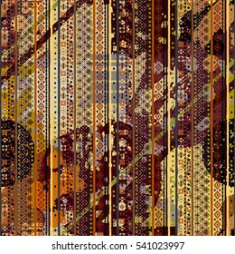 Distressed seamless pattern, paint spots. Watercolor background. Ethnic ornament. Chaotic, random brush strokes. Abstract art texture, wallpaper, wrapping