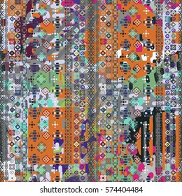 Distressed seamless pattern, paint spots. Watercolor background. Ethnic ornament. Chaotic, random brush strokes. Abstract art texture, wallpaper, wrapping