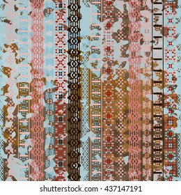 Distressed seamless pattern. Tribal art colorful print, brushed texture. Abstract background, watercolor paint spots