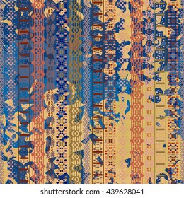 Distressed seamless pattern. Tribal art colorful print, brushed texture. Abstract background, watercolor paint spots