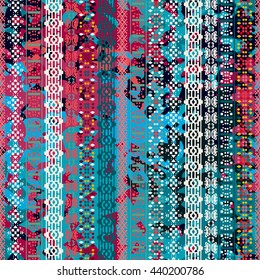 Distressed seamless pattern. Tribal art colorful print, brushed texture. Abstract background, watercolor paint spots
