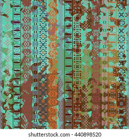 Distressed seamless pattern. Tribal art colorful print, brushed texture. Abstract background, watercolor paint spots
