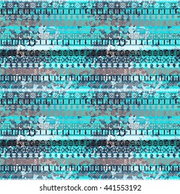 Distressed seamless pattern. Tribal art colorful print, brushed texture. Abstract background, watercolor paint spots