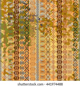 Distressed seamless pattern. Tribal art colorful print, brushed texture. Abstract background, watercolor paint spots