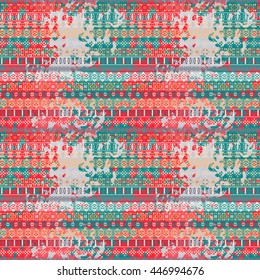 Distressed seamless pattern. Tribal art colorful print, brushed texture. Abstract background, watercolor paint spots