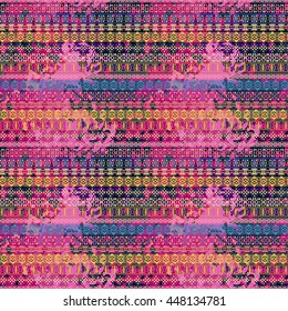 Distressed seamless pattern. Tribal art colorful print, brushed texture. Abstract background, watercolor paint spots