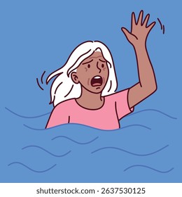 Distressed senior old woman with white hair submerged in water, waving one arm for help, representing a crisis or drowning emergency