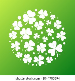 Distressed shamrock round shape made with small white grunge shamrocks on green background vector illustration