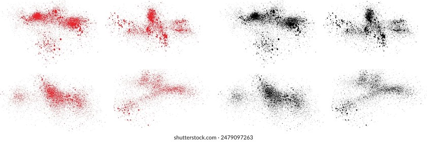 Distressed Splatter schwarze und rote Farbe Pinselstrich Hintergrund Set. Grunge Pinselstrich