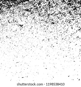 Distressed spray grainy overlay texture. Grunge dust messy background. Dirty powder rough empty cover template. Aged splatter crumb wall backdrop. Weathered drips aging design element. EPS10 vector.
