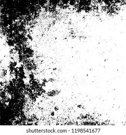 Distressed spray grainy overlay texture. Grunge dust messy background. Dirty powder rough empty cover template. Aged splatter crumb wall backdrop. Weathered drips aging design element. EPS10 vector.