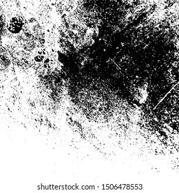 Distressed spray grainy overlay texture. Grunge dust messy background. Dirty powder rough empty cover template. Aged splatter crumb wall backdrop. Weathered drips aging design element. EPS10 vector.