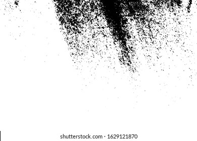 Distressed spray grainy overlay texture. Grunge dust messy background. Dirty powder rough empty cover template. Aged splatter crumb wall backdrop. Weathered drips aging design element. EPS10 vector.