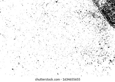 Distressed spray grainy overlay texture. Grunge dust messy background. Dirty powder rough empty cover template. Aged splatter crumb wall backdrop. Weathered drips aging design element. EPS10 vector.