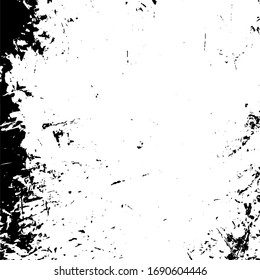 Distressed spray grainy overlay texture. Grunge dust messy background. Dirty powder rough empty cover template. Aged splatter crumb wall backdrop. Weathered drips aging design element. EPS10 vector.