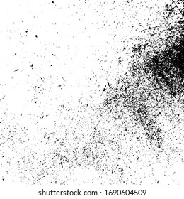 Distressed spray grainy overlay texture. Grunge dust messy background. Dirty powder rough empty cover template. Aged splatter crumb wall backdrop. Weathered drips aging design element. EPS10 vector.