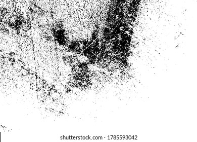 Distressed spray grainy overlay texture. Grunge dust messy background. Dirty powder rough empty cover template. Aged splatter crumb wall backdrop. Weathered drips aging design element. EPS10 vector.