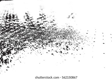 Distressed spray grainy overlay texture. Grunge dust messy background. Dirty powder rough empty cover template. Aged splatter crumb wall backdrop. Weathered drips aging design element. EPS10 vector.
