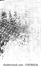 Distressed spray grainy overlay texture. Grunge dust messy background. Dirty powder rough empty cover template. Aged splatter crumb wall backdrop. Weathered drips aging design element. EPS10 vector.