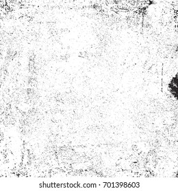 Distressed spray grainy overlay texture. Grunge dust messy background. Dirty powder rough empty cover template. Aged splatter crumb wall backdrop. Weathered drips aging design element. EPS10 vector.