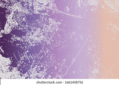 Distressed spray grainy violet texture. Grunge dust messy background. Dirty powder rough empty cover template. Aged splatter crumb wall backdrop. Weathered drips aging design element. EPS10 vector.