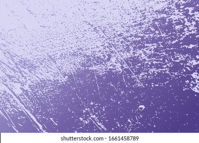 Distressed spray grainy violet texture. Grunge dust messy background. Dirty powder rough empty cover template. Aged splatter crumb wall backdrop. Weathered drips aging design element. EPS10 vector.