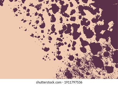 Distressed spray grainy violet texture. Grunge dust messy background. Dirty powder rough empty cover template. Aged splatter crumb wall backdrop. Weathered drips aging design element. EPS10 vector.