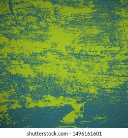 Distressed spray green grainy back texture. Dirty rustic rough empty cover template. Grunge dust messy background. Aged splatter crumb wall backdrop. Weathered aging design element. EPS10 vector