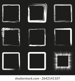 Distressed square frames. Grunge vector borders. Uneven rectangle shapes. Rough edge elements. 