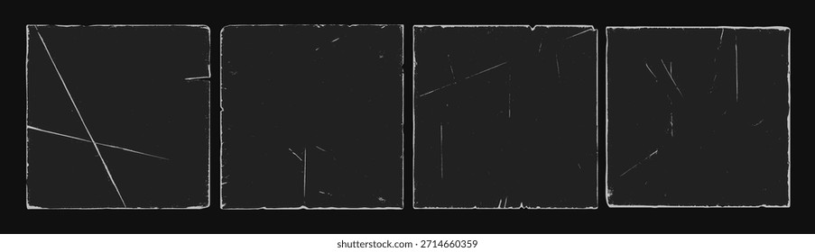 Conjunto de textura de superposición granulada de borde rasgado de marco de papel antiguo cuadrado afligido. Auténtica colección de superposición vintage para disco de vinilo retro, arte de álbum rayado, maquetas de póster ásperas y Diseño gráfico envejecido.