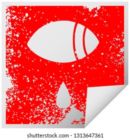distressed square peeling sticker symbol of a crying eye looking to one side
