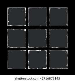 Distressed squares featuring aged paper or vinyl album artwork textures, providing a versatile collection of graphic elements for old school designs and vintage overlays