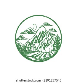 Distressed stamp illustration of campfire at the mountain