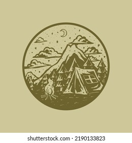 Distressed stamp illustration of camping at the forest