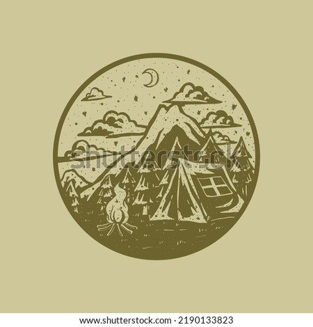 Distressed stamp illustration of camping at the forest