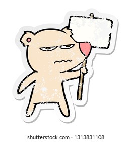 distressed sticker of a angry bear cartoon holding placard