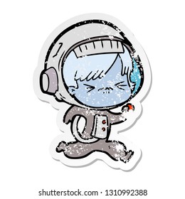 distressed sticker of a angry cartoon space girl running