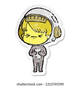 distressed sticker of a angry cartoon space girl