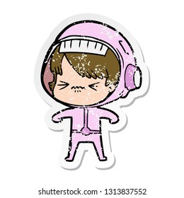 distressed sticker of a angry cartoon space girl