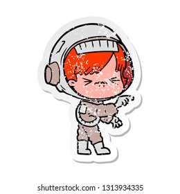 distressed sticker of a angry cartoon space girl