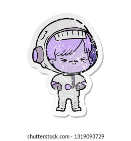 distressed sticker of a angry cartoon space girl