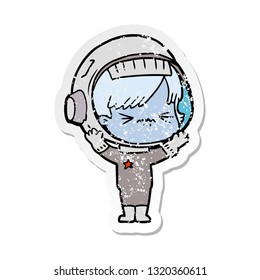 distressed sticker of a angry cartoon space girl