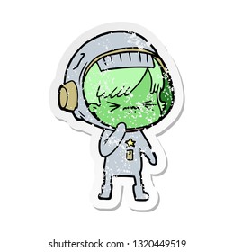 distressed sticker of a angry cartoon space girl