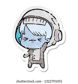 distressed sticker of a angry cartoon space girl waving