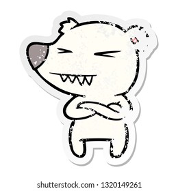 distressed sticker of a angry polar bear cartoon with folded arms