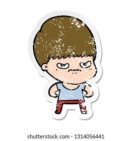 distressed sticker of a annoyed cartoon boy