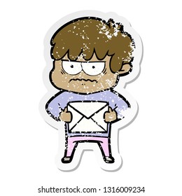 distressed sticker of a annoyed cartoon boy