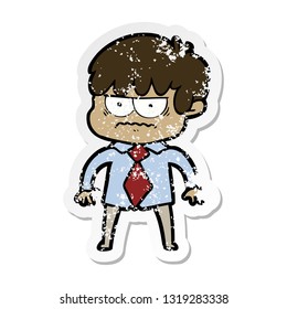 distressed sticker of a annoyed cartoon boy