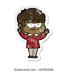 distressed sticker of a annoyed cartoon boy